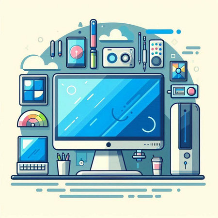 Vector illustration of modern flat design desktop with computer, stationery and accessories.のイラスト素材