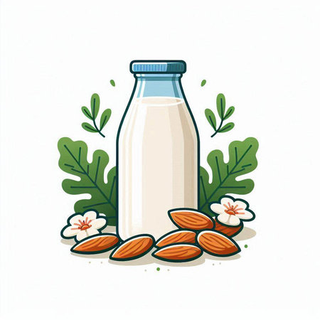 Almond milk in a glass bottle and nuts. Vector illustration.のイラスト素材