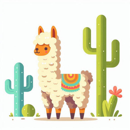 Cute alpaca with cactus. Vector illustration in flat styleのイラスト素材