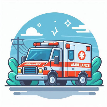 Ambulance on the road. Vector illustration in flat style.のイラスト素材