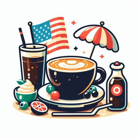 Coffee cup with usa flag, ice cream and lemonade. Vector illustrationのイラスト素材