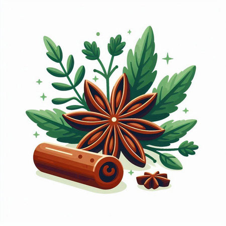 Cinnamon sticks, star anise and leaves. Vector illustration.のイラスト素材