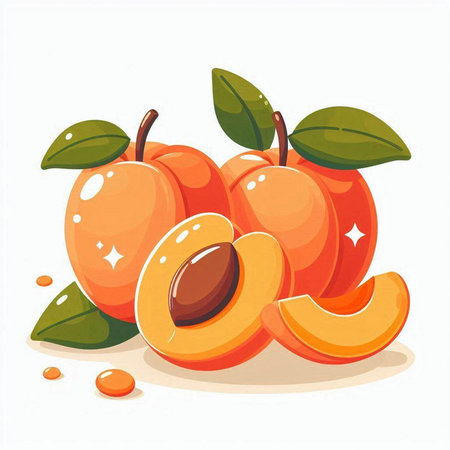 Fresh apricots with leaves on a white background. Vector illustration.のイラスト素材