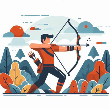Archery vector illustration. Cartoon man with bow and arrow in the forest.のイラスト素材