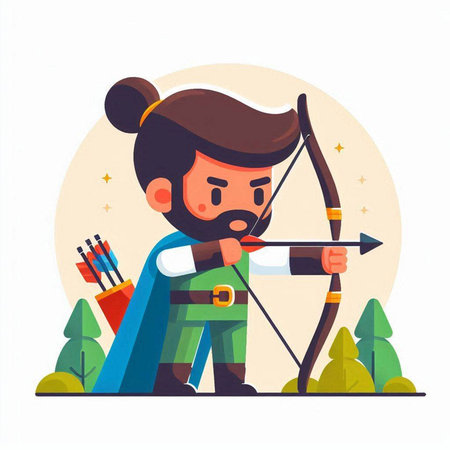 Cartoon archer with bow and arrow. Flat vector illustration.のイラスト素材