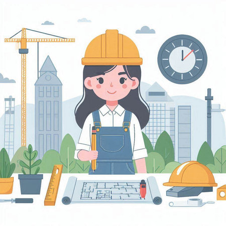 Vector illustration of a girl architect on the background of the construction siteのイラスト素材