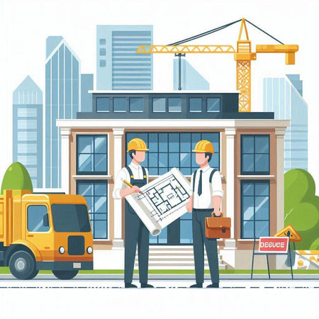 Architects and construction workers on the background of the building. Vector illustrationのイラスト素材