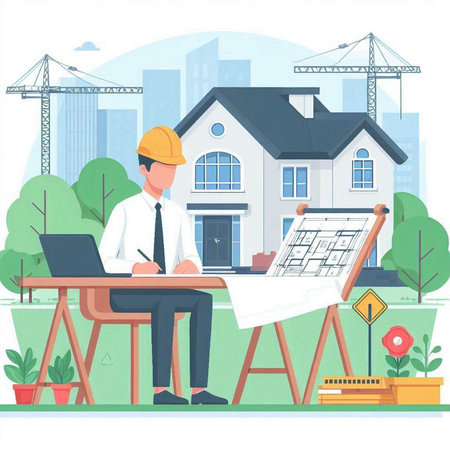Architect working on blueprint at construction site. Vector illustration in flat styleのイラスト素材