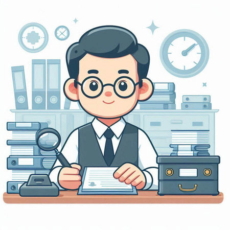 Businessman with magnifying glass and documents in office. Vector illustration.のイラスト素材