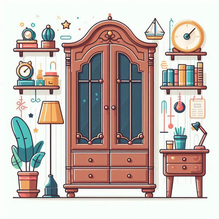 Vector illustration of the interior of a cozy room with furniture, bookshelf, table, clock, plants.のイラスト素材