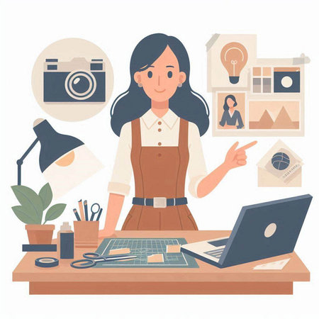 Female photographer working at her desk. Vector illustration in cartoon style.のイラスト素材