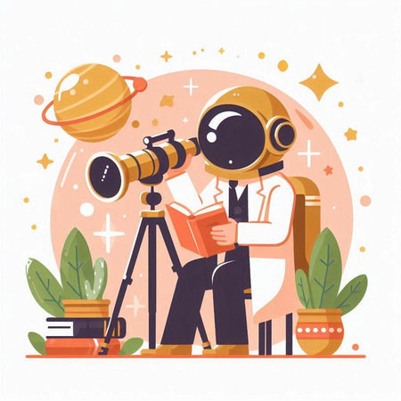 Astronaut with telescope and books. Vector illustration in flat styleのイラスト素材