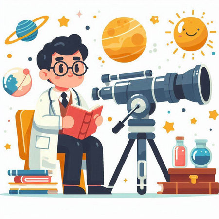 Vector illustration of a boy in glasses and a white coat with a book in his hands and a telescope in his hands.のイラスト素材