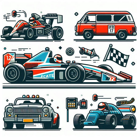 Set of racing cars and race cars. Vector illustration in retro style.のイラスト素材
