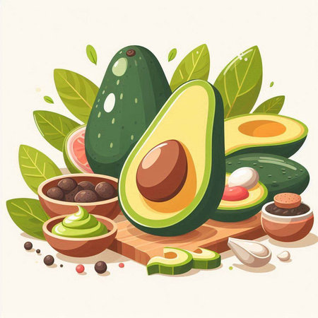 Avocado and ingredients for guacamole. Vector illustration.のイラスト素材