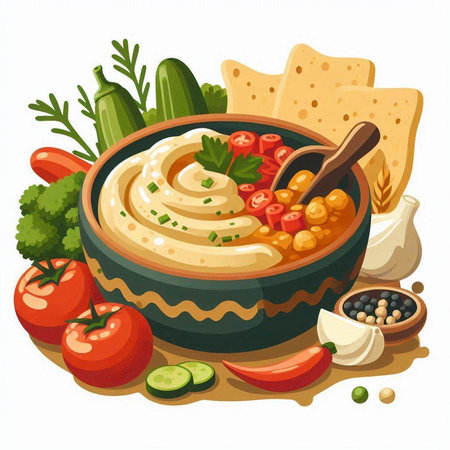 Vegetarian hummus in bowl with vegetables and spices. Vector illustration.のイラスト素材