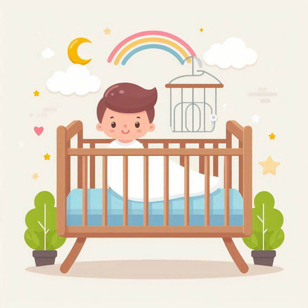 Illustration of a baby in a cot. Vector illustration.のイラスト素材