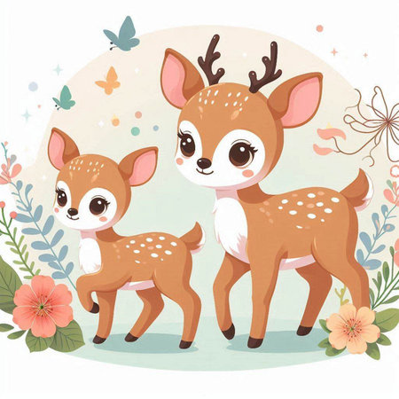 Cute cartoon fawns with flowers and butterflies. Vector illustration.のイラスト素材