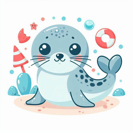 Cute seal with a lifebuoy. Vector illustration in cartoon style.のイラスト素材