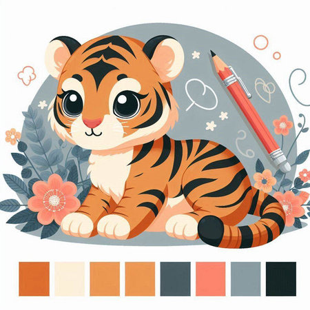 Cute tiger with flowers. Educational game for children. Cartoon vector illustration.のイラスト素材