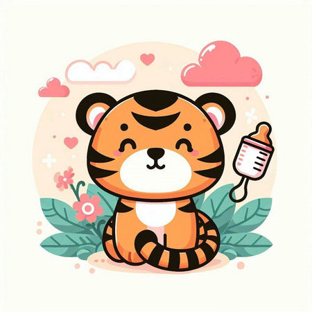 Cute tiger with a pacifier and flowers. Vector illustration.のイラスト素材