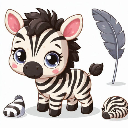 Cute baby zebra with feather and mouse on white background illustrationのイラスト素材