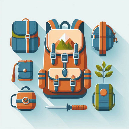 Set of camping equipment and travel items in flat style. Vector illustrationのイラスト素材