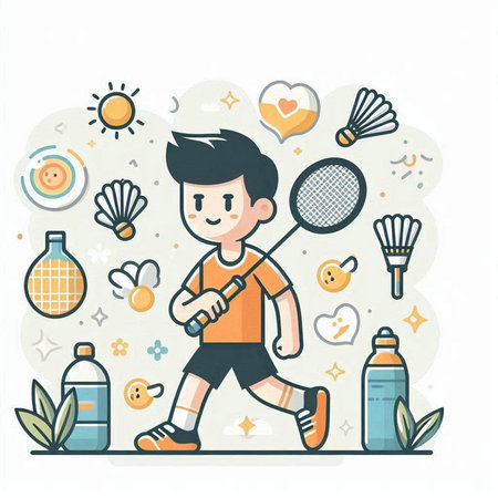 Boy playing badminton. Colorful flat vector illustration on white background.のイラスト素材