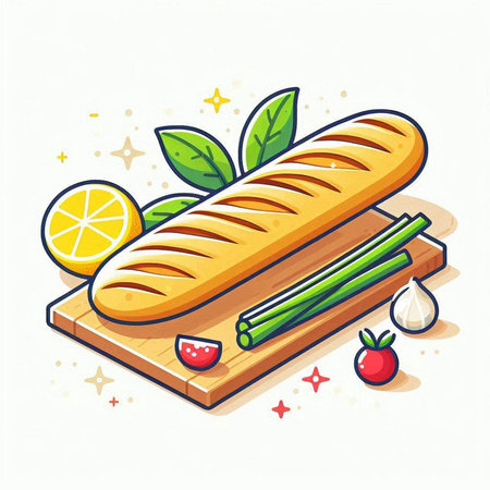 Illustration of fresh bread on wooden cutting board with lemon and herbsのイラスト素材
