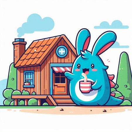 Cute cartoon illustration of a blue rabbit in front of a houseのイラスト素材