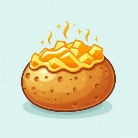 Illustration of a baked potato with cheese on a blue background.のイラスト素材