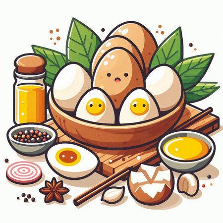 Illustration of boiled eggs in wooden bowl with ingredients for cooking.のイラスト素材