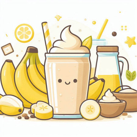Banana smoothie in a glass with ingredients. Vector illustration.のイラスト素材