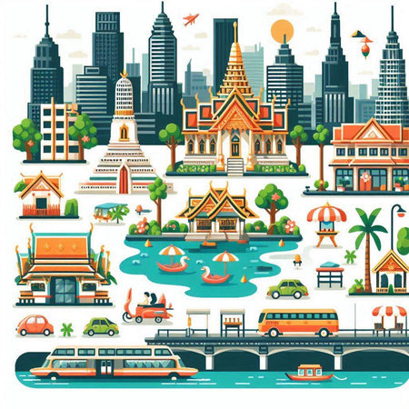 Thailand travel flat icons set with famous landmarks and attractions isolated vector illustrationのイラスト素材
