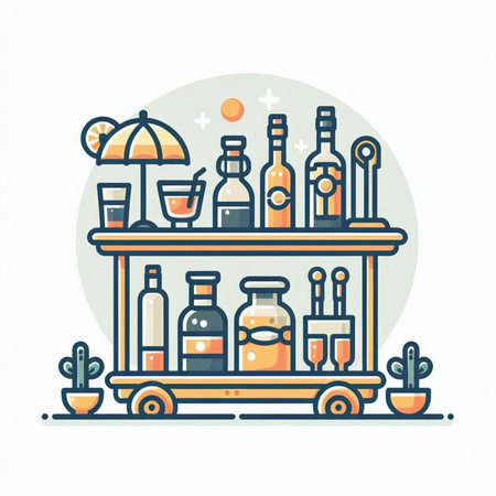 Vector illustration of bar counter with bottles and drinks. Line art style.のイラスト素材