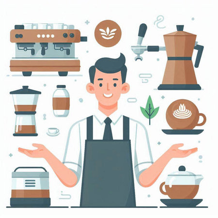 Coffee shop concept. Barista in apron and apron making coffee. Vector illustration in flat styleのイラスト素材