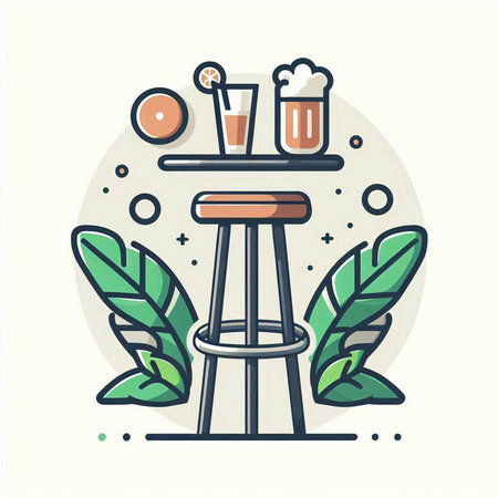 Vector illustration in trendy linear style with bar stool, glass of beer and leaves.のイラスト素材