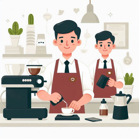 Coffee shop, barista and cafe staff. Vector illustration.のイラスト素材