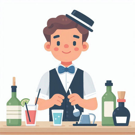 Bartender serving a drink. Vector illustration in cartoon style.のイラスト素材