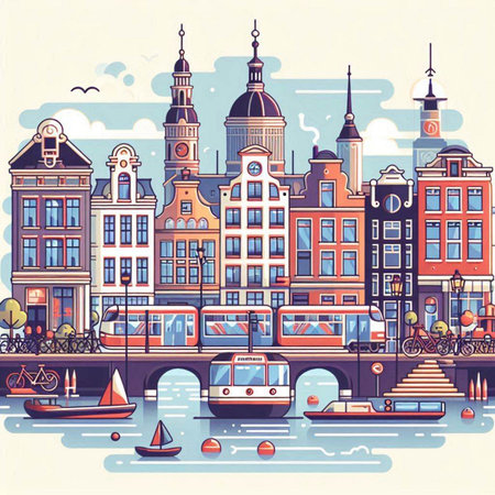 Amsterdam, Holland. Hand drawn colorful vector illustration in flat style.のイラスト素材