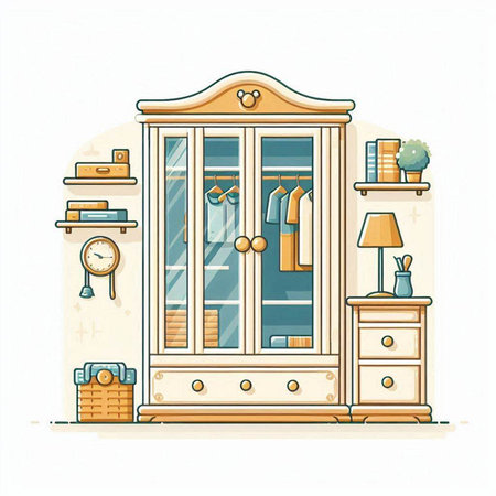 Vector illustration of a living room with a cupboard and a wardrobe.のイラスト素材