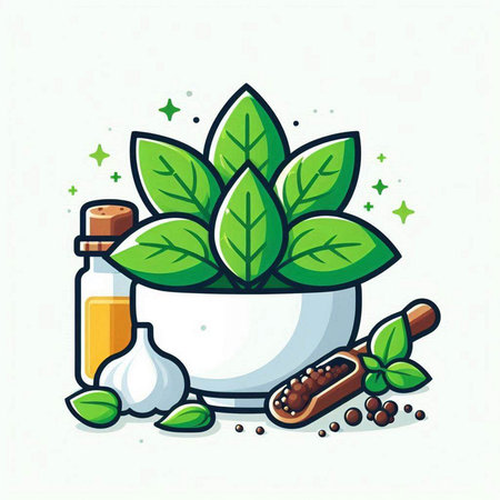 Herbs in mortar and pestle. Vector flat cartoon illustration.のイラスト素材