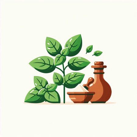 Vector illustration of a green tea plant in a pot with a mortar and pestle.のイラスト素材