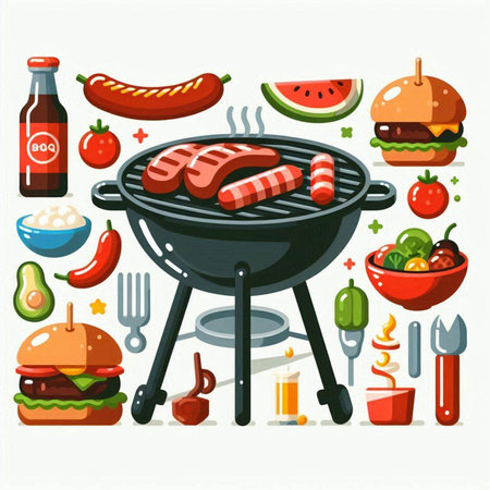 Barbecue party. Vector illustration in flat design style. Barbeque grill with meat, sausages, vegetables and other food.のイラスト素材
