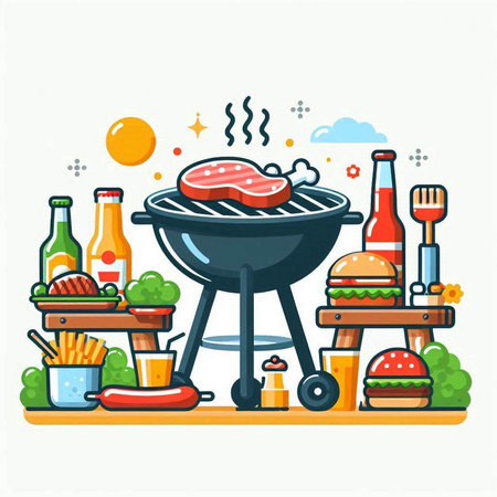 Barbecue party vector illustration. Barbeque grill with food.のイラスト素材