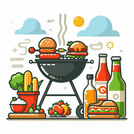 Barbecue grill with food and drinks. Vector illustration in flat style.のイラスト素材