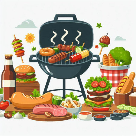 Barbecue grill with grilled food. Vector illustration in cartoon style.のイラスト素材