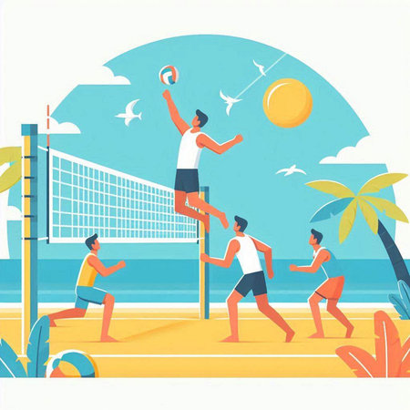 Volleyball players on the beach. Vector illustration in flat styleのイラスト素材