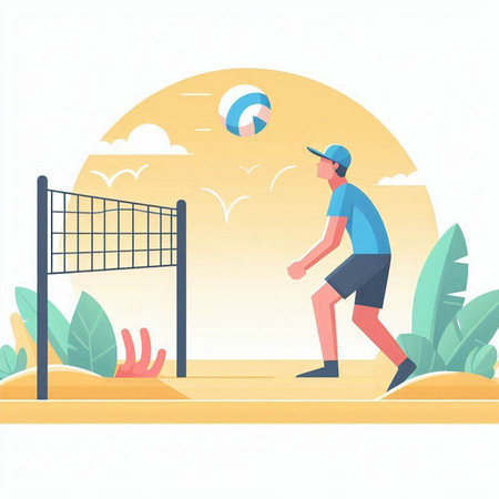 Volleyball player on the beach. Flat design vector illustration.のイラスト素材
