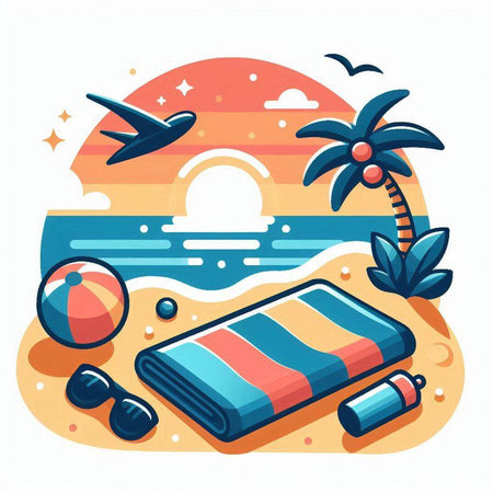 Summer vacation flat vector illustration. Beach towel, beach ball, palm trees, sun and sea on white background.のイラスト素材